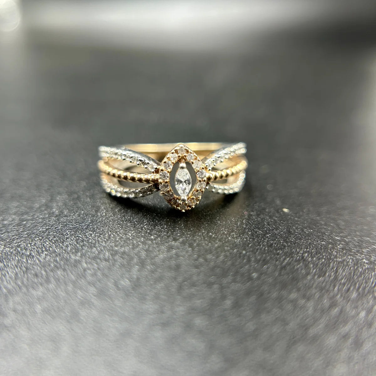 Split Band Marquise Halo Ring