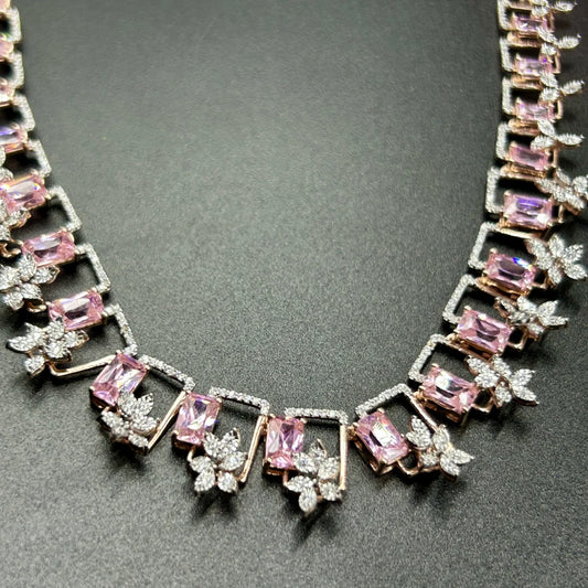 Sliver pink emerald cut necklace (Chain included)