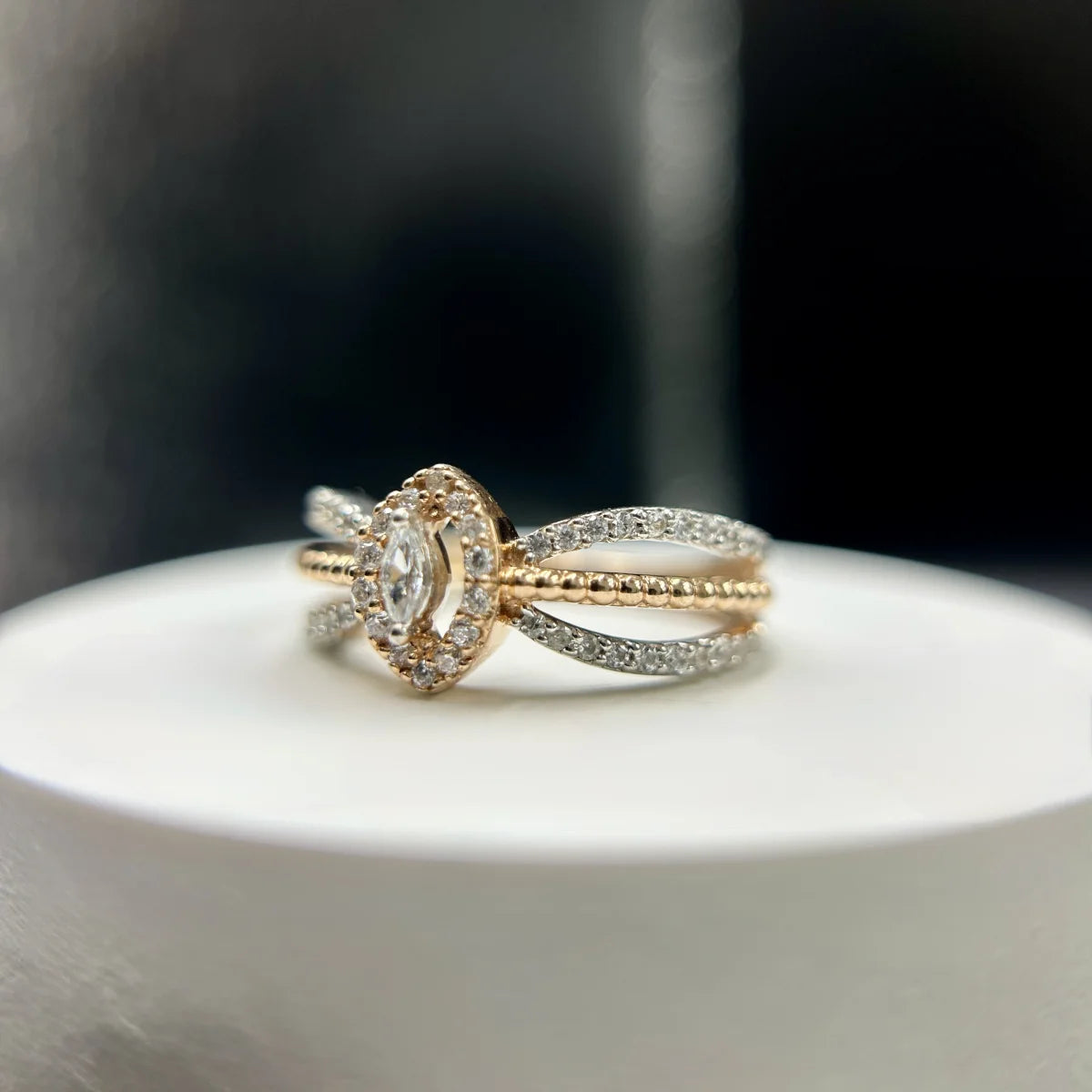 Split Band Marquise Halo Ring