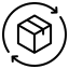 A minimalist black line icon of a cube with circular arrows rotating around it, set against a solid white background.